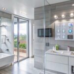 modern bathroom with bathtub double sink vanity smart home technology