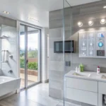 modern bathroom with bathtub double sink vanity smart home